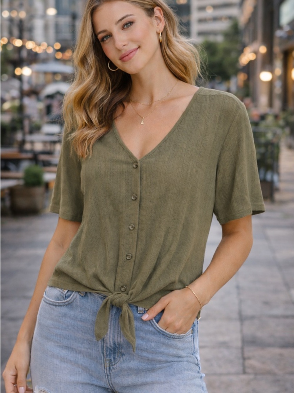 75. Anthro, Sanctuary • NWT V-Neck Button Front Tie Hem Top PTP 26”-32”